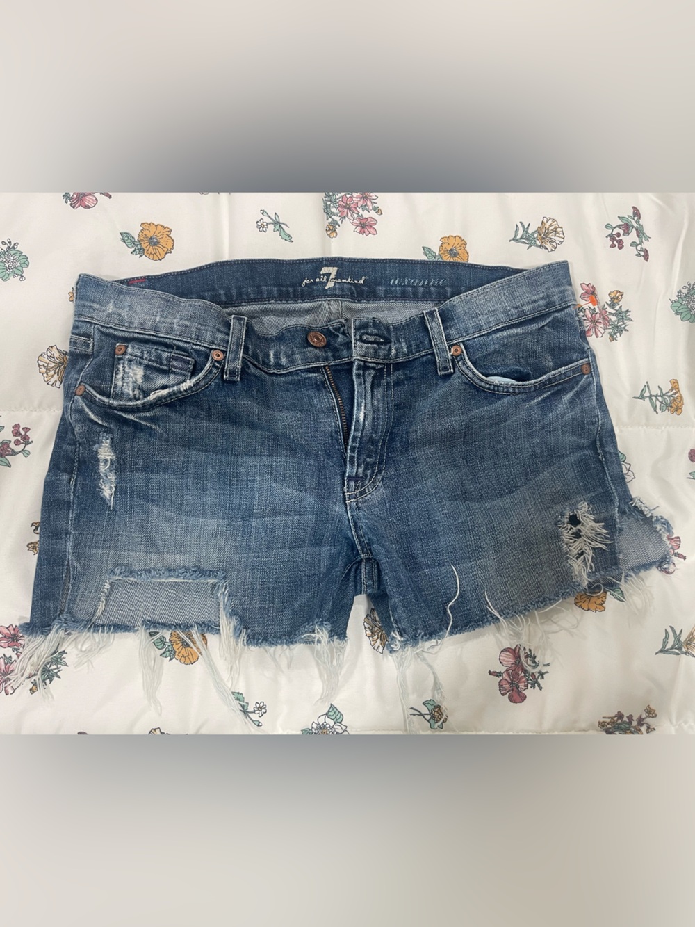 7 For All Mankind Distressed Blue Denim Cutoff Shorts